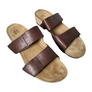 ABEO Gabie Brown Leather Wedge Open Toe Slide Sandals Women's Size 10N